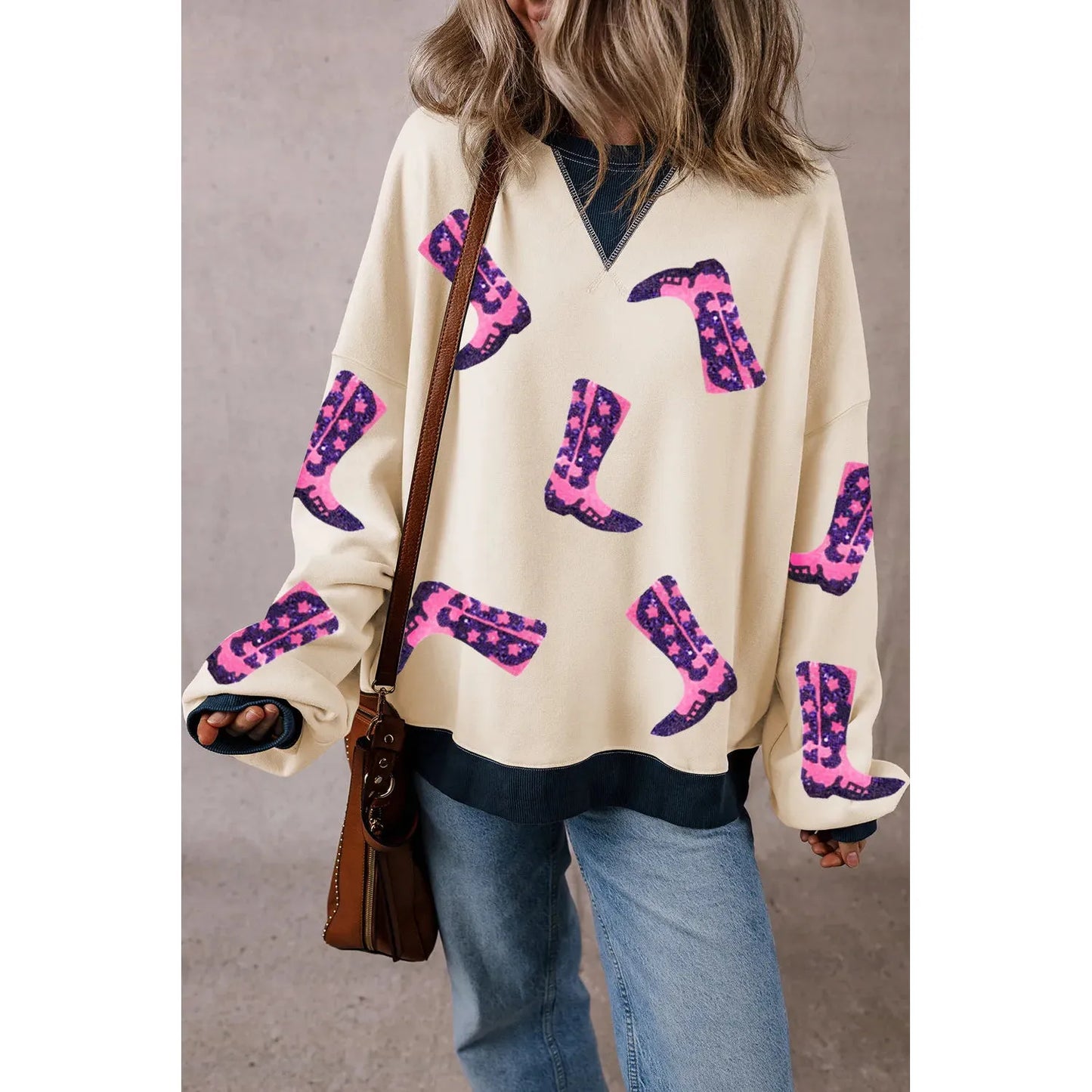 Sequin Boots Round Neck Long Sleeve Sweatshirt