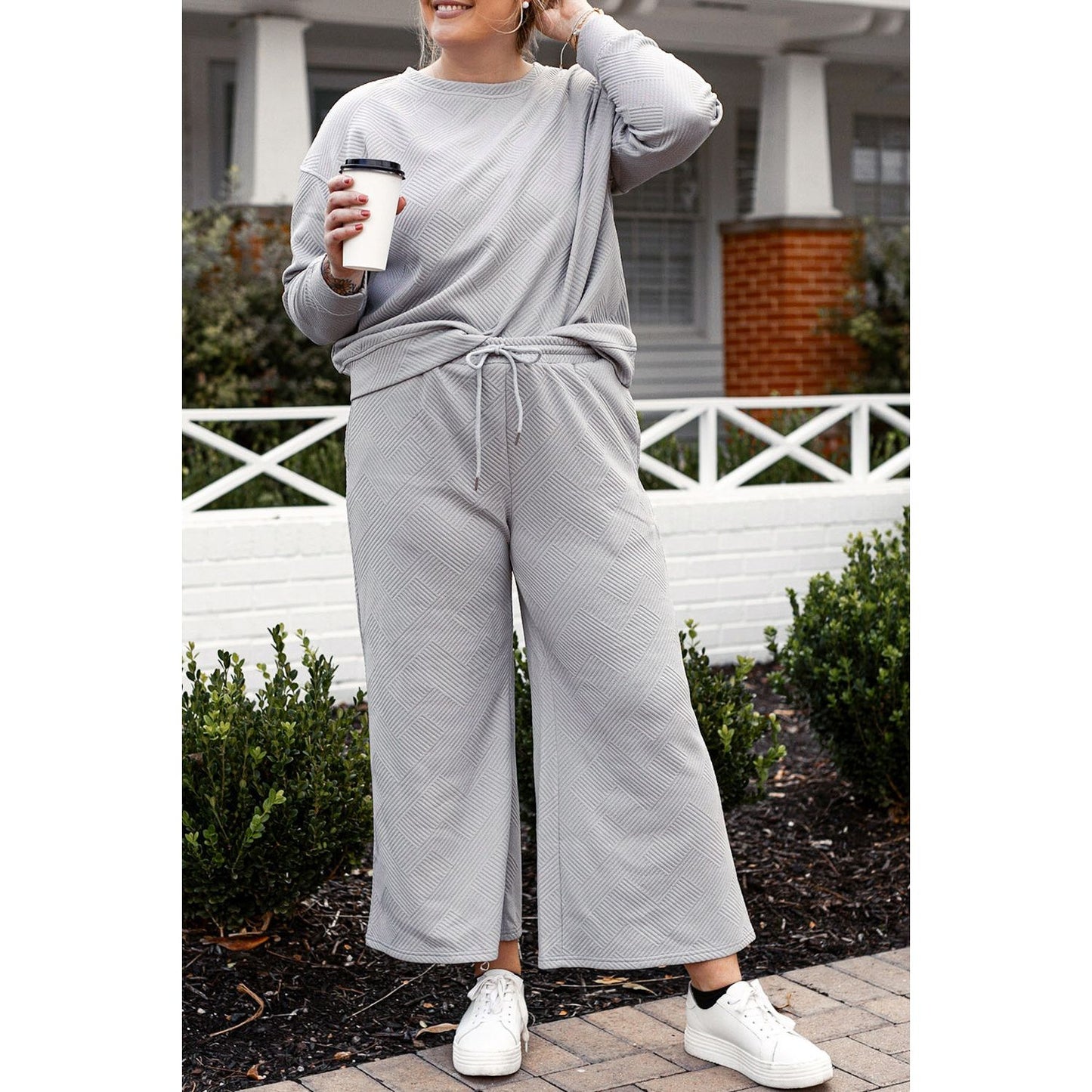 Double Take Full Size Textured Long Sleeve Top and Drawstring Pants Set