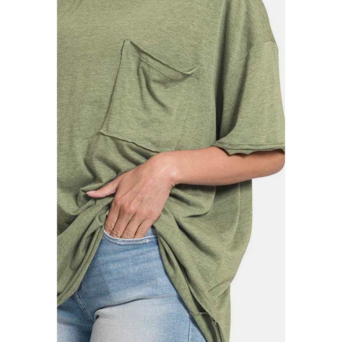 Zenana Drop Shoulder Oversized Front Pocket T-Shirt