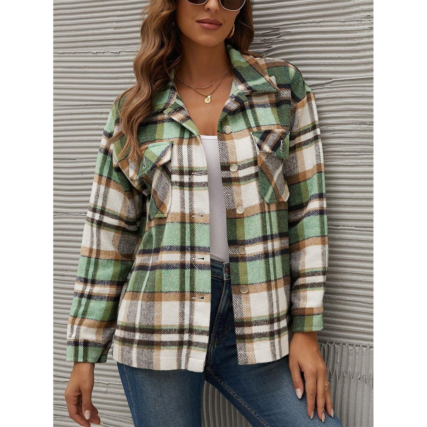 Plaid Collared Neck Long Sleeve Jacket