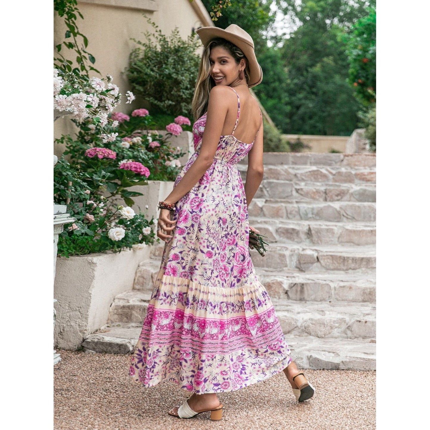 Tassel Printed V-Neck Maxi Dress