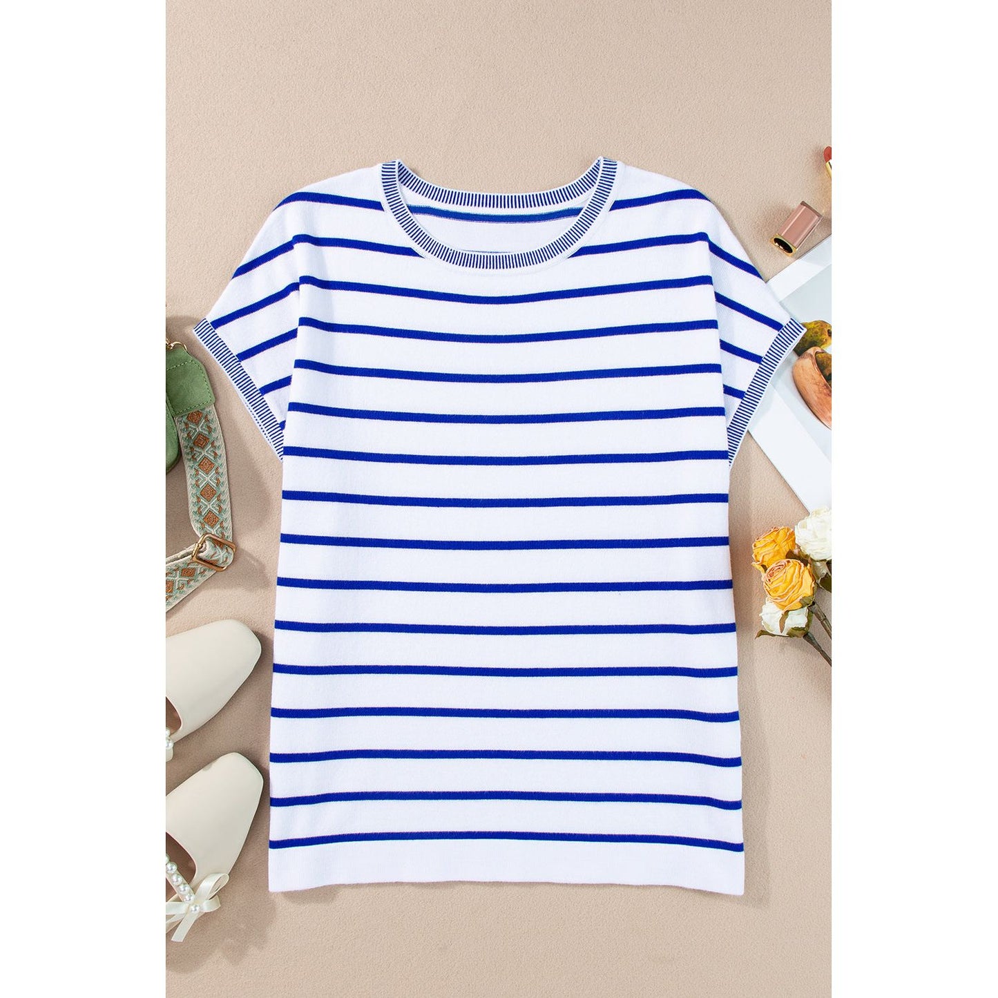 Striped Round Neck Cap Sleeve Knit Top