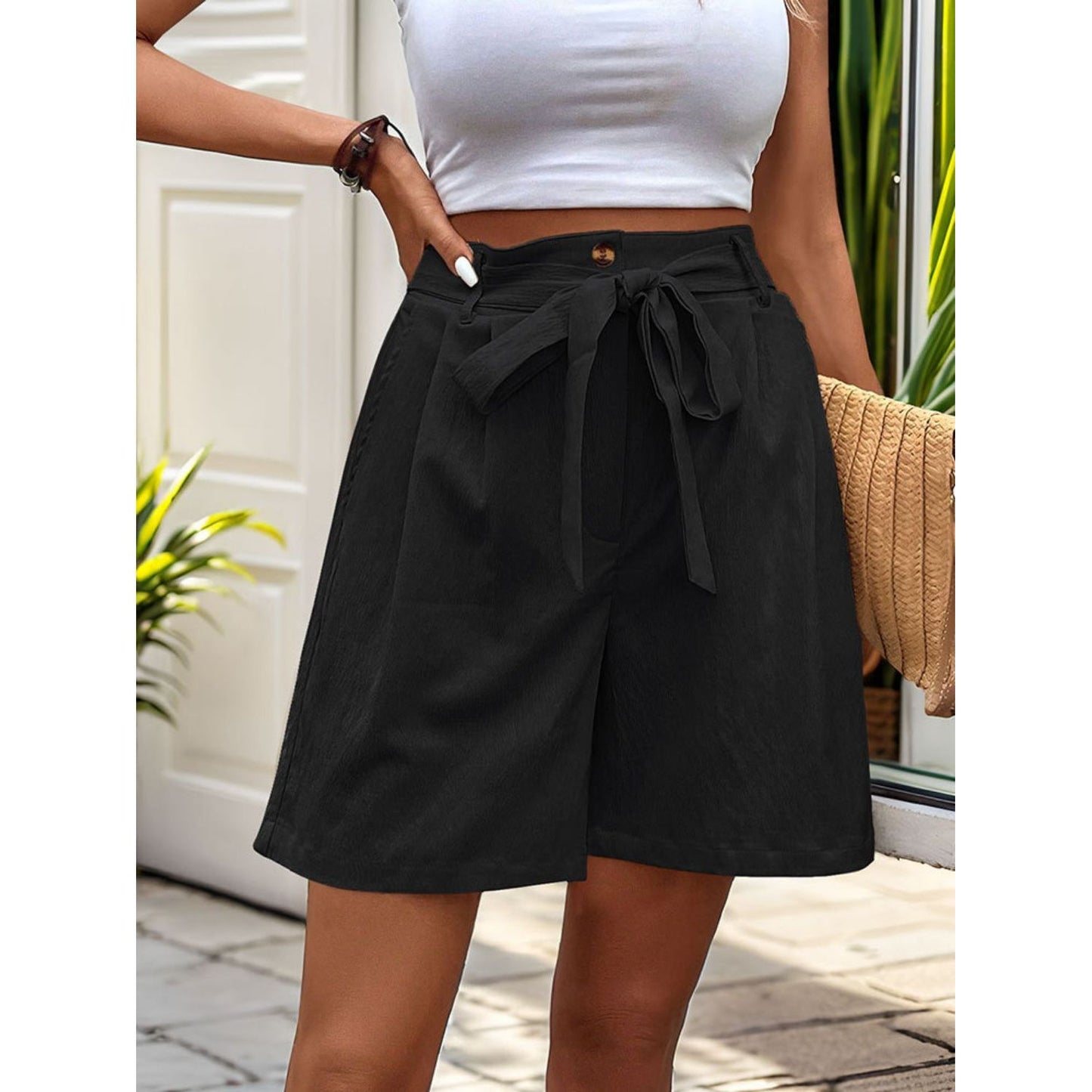 Perfee Tied High Waist Shorts with Pockets