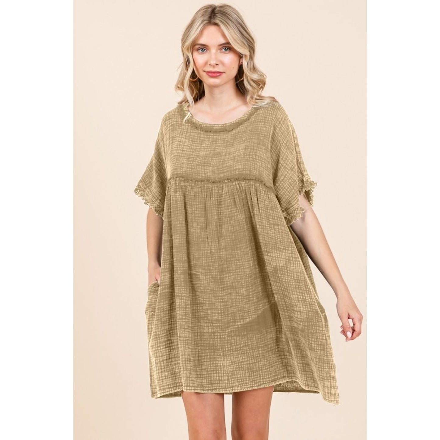 Culture Code Full Size Short Sleeve Babydoll Texture Dress with Pockets