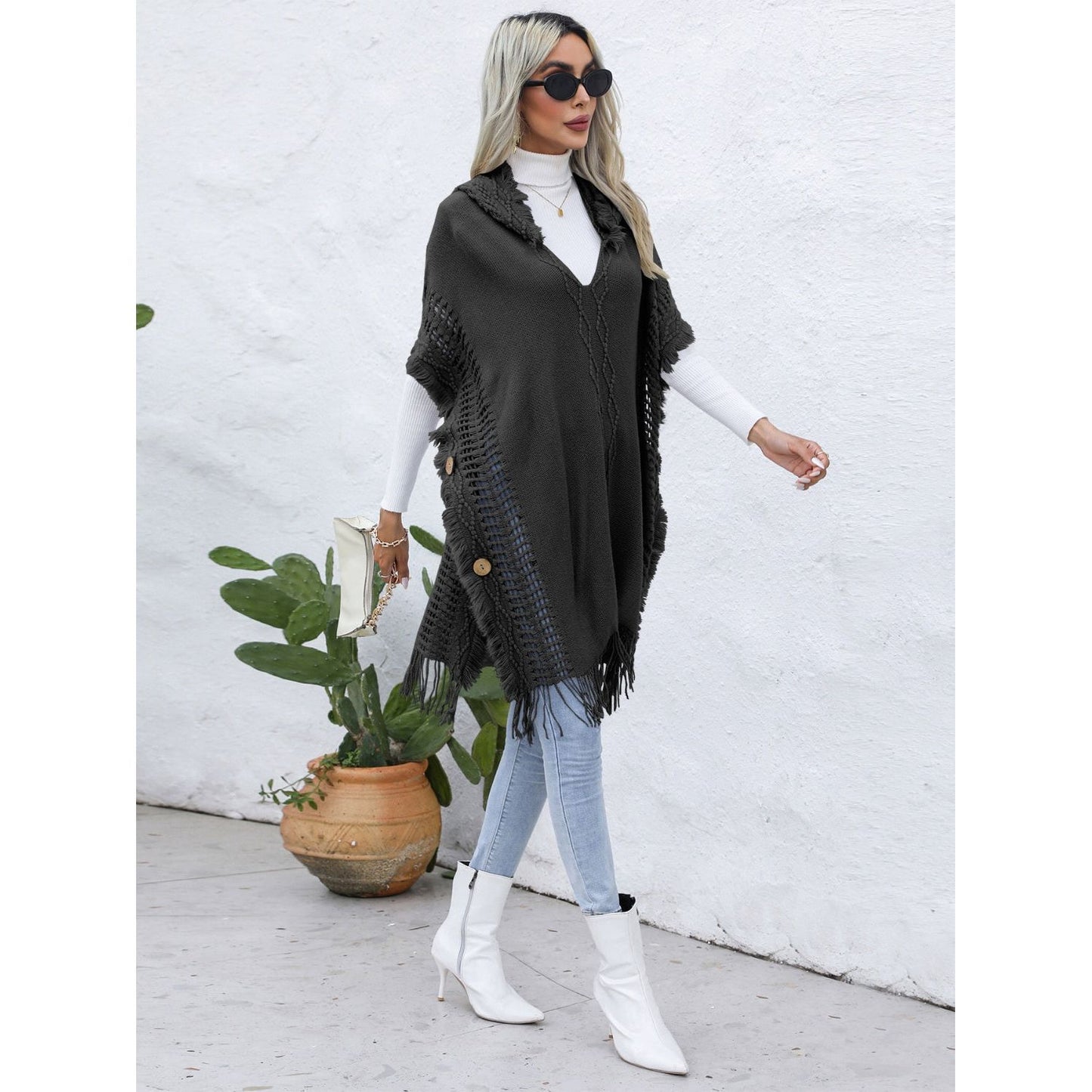 Fringe Trim Buttoned Hooded Poncho