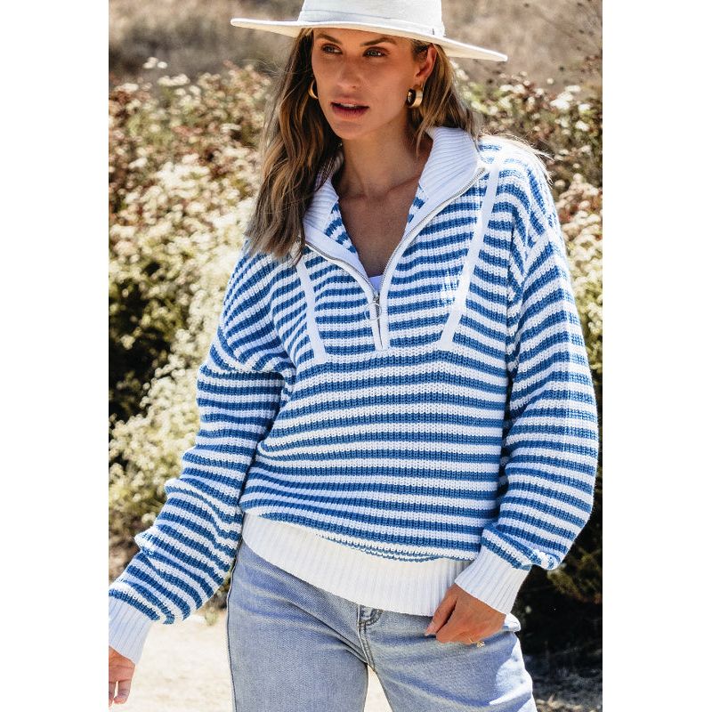 Striped Half Zip Mock Neck Long Sleeve Sweater