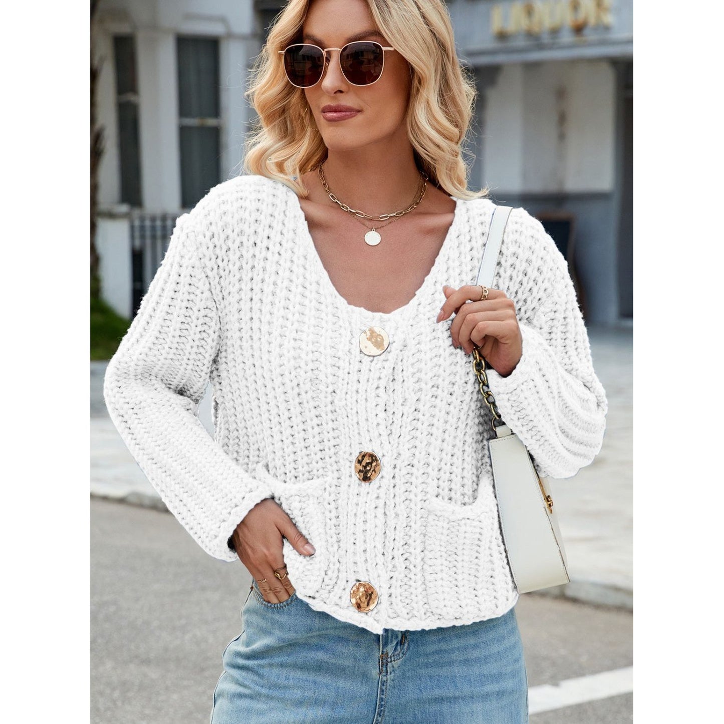 Round Neck Button Up Cardigan with Pockets