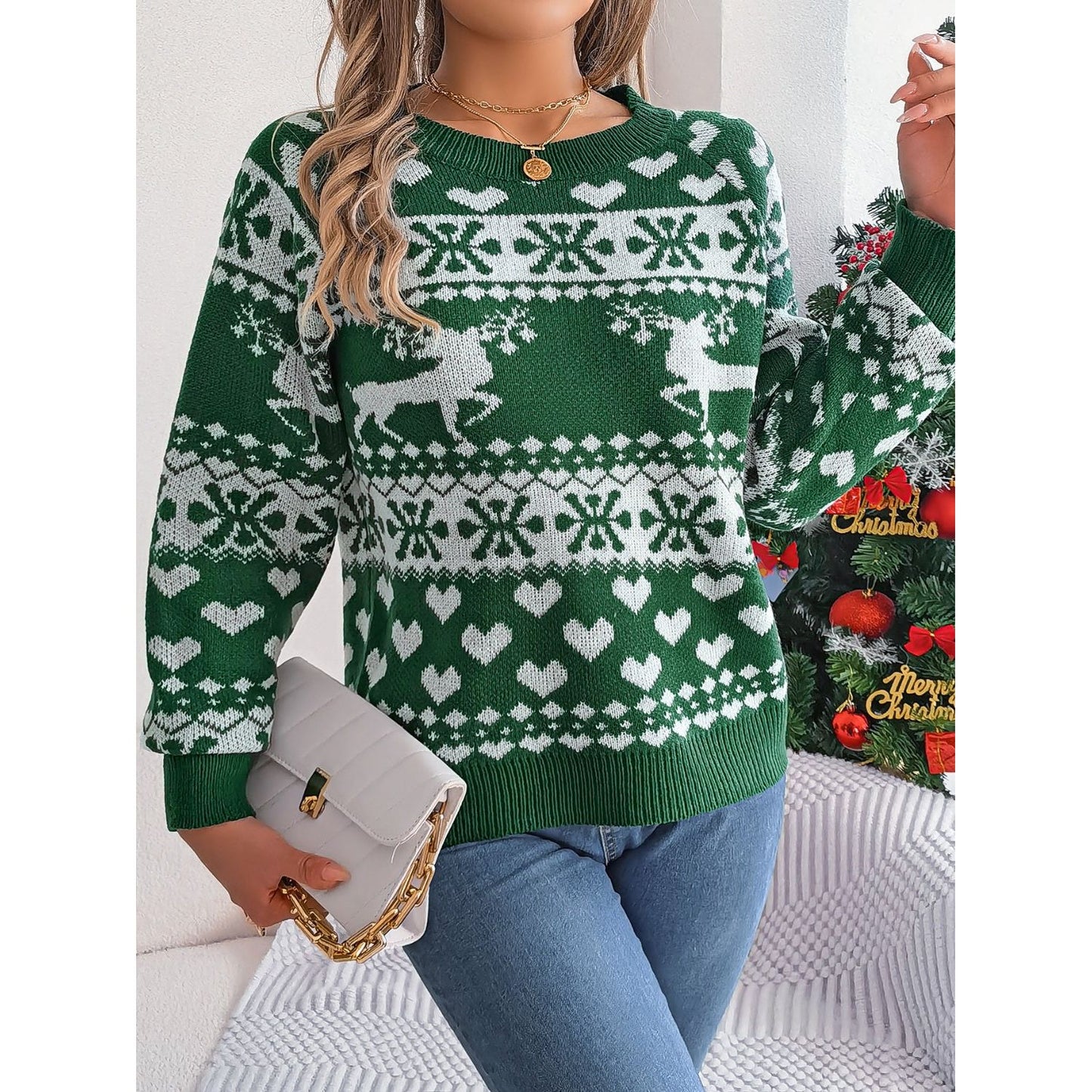 Christmas Element Round Neck Long Sleeve Sweater