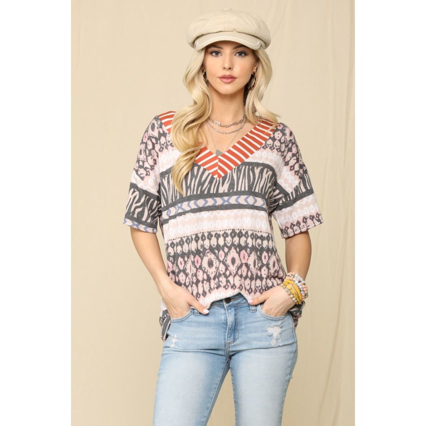 Celeste Full Size Striped V-Neck Short Sleeve T-Shirt