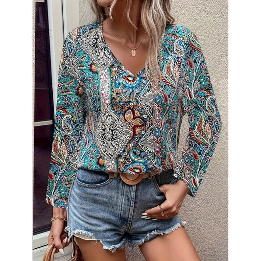 Printed V-Neck Long Sleeve Blouse