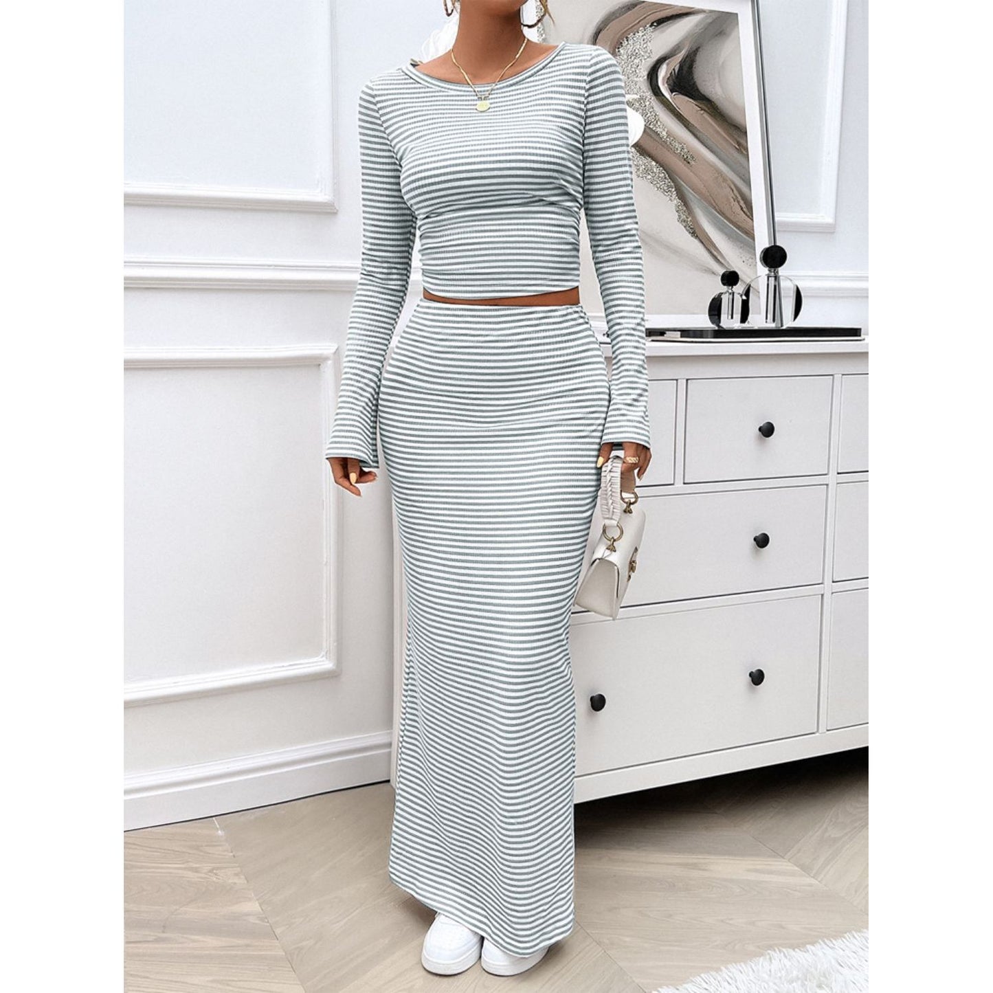 Devine Striped Boat Neck Top and Skirt Set