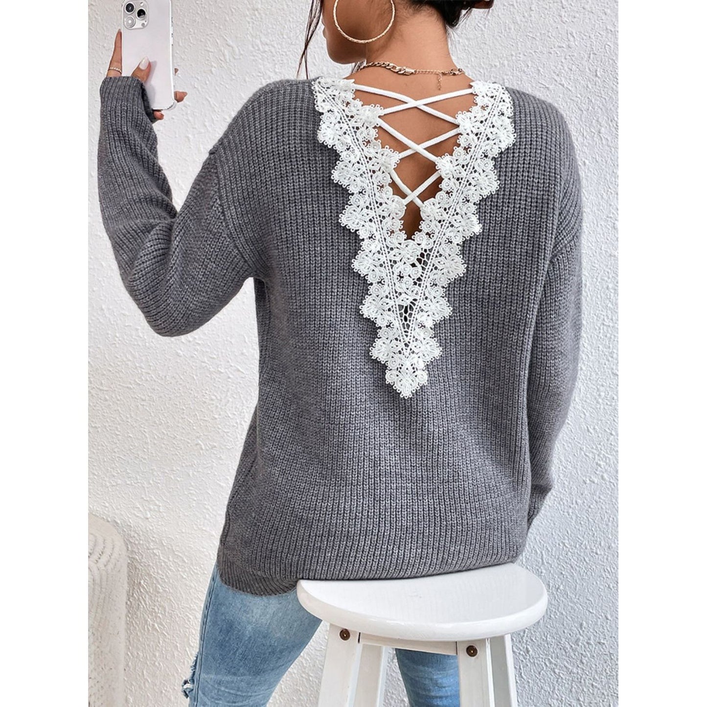 Crisscross V-Neck Long Sleeve Sweater