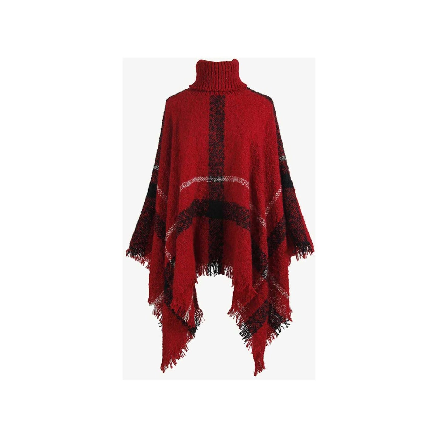 Plaid Turtleneck Raw Hem Poncho