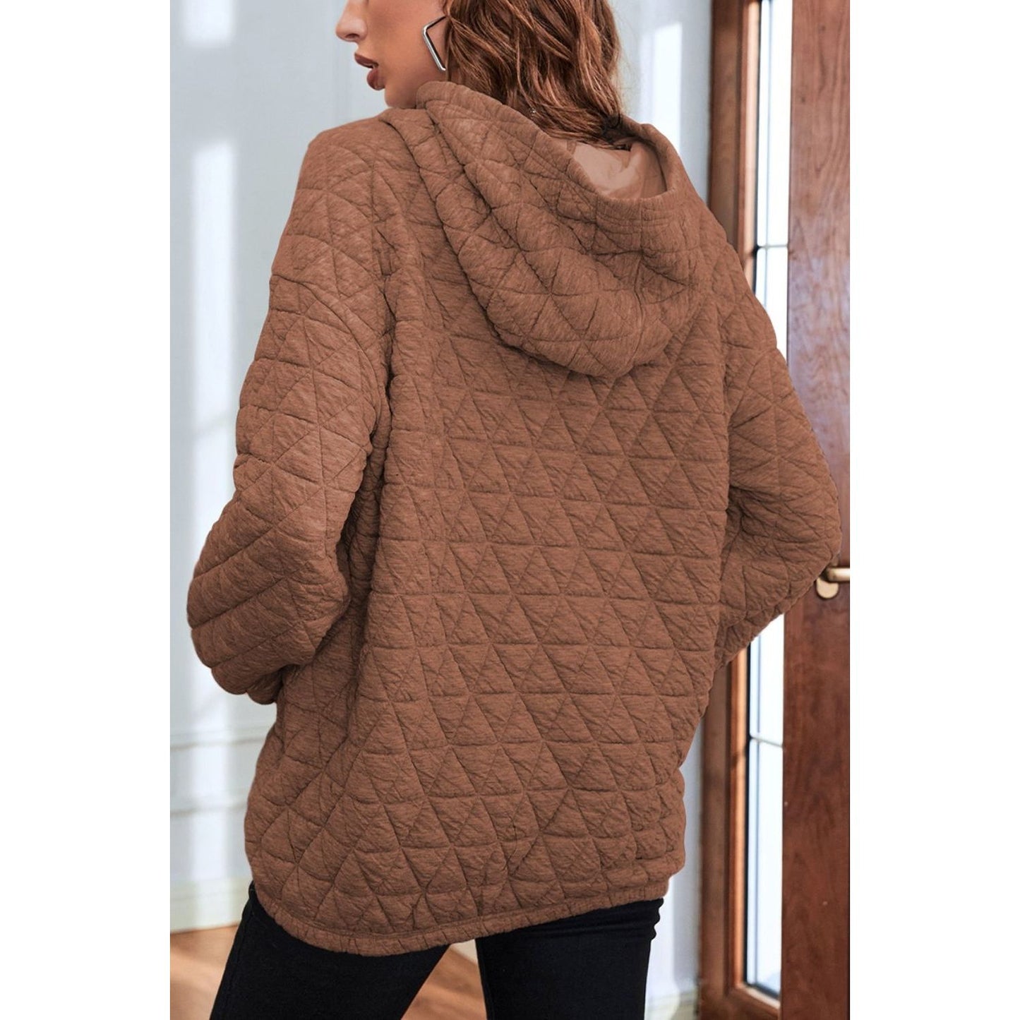 Quilted Long Sleeve Hoodie with Pocket