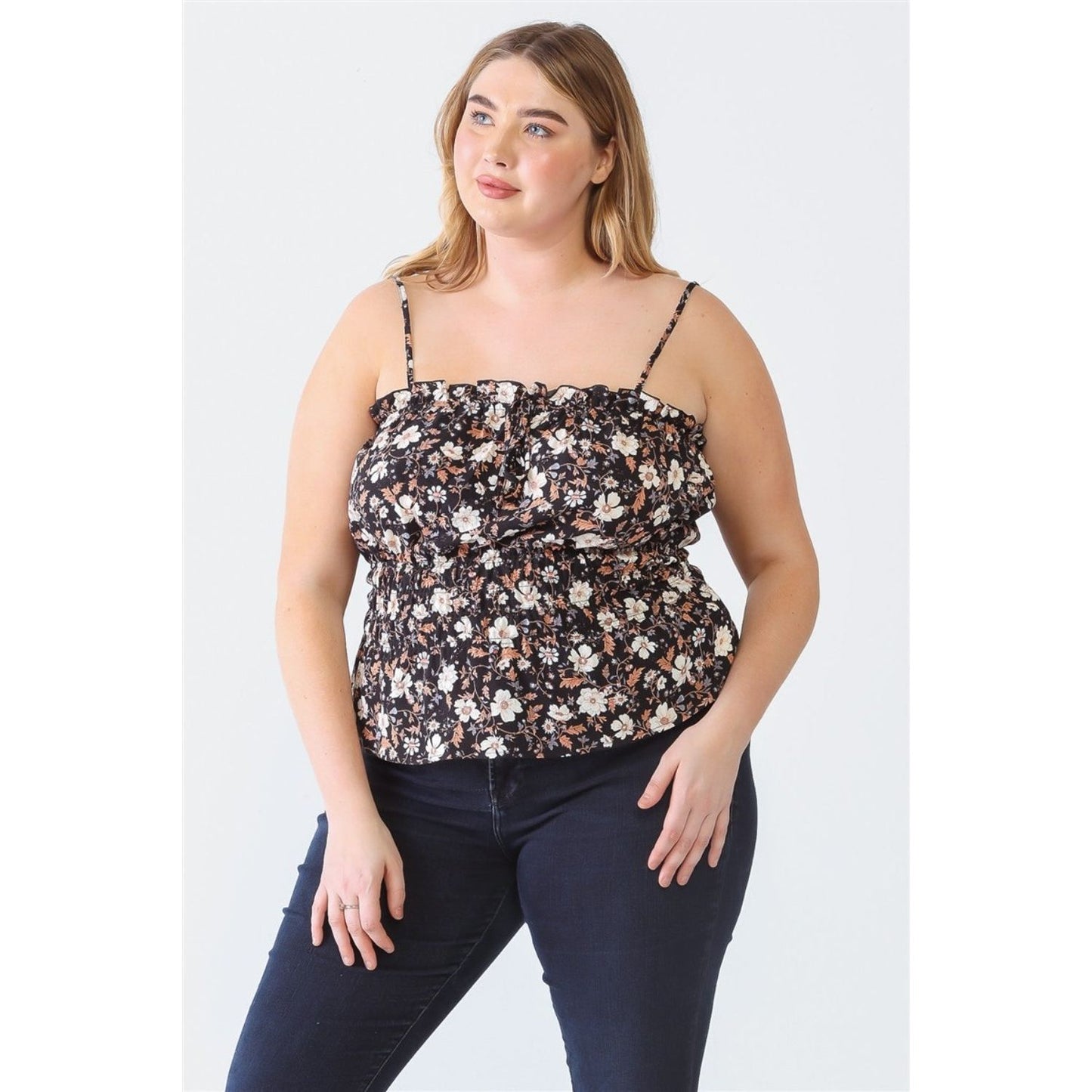 Zenobia Plus Size Frill Floral Square Neck Cami