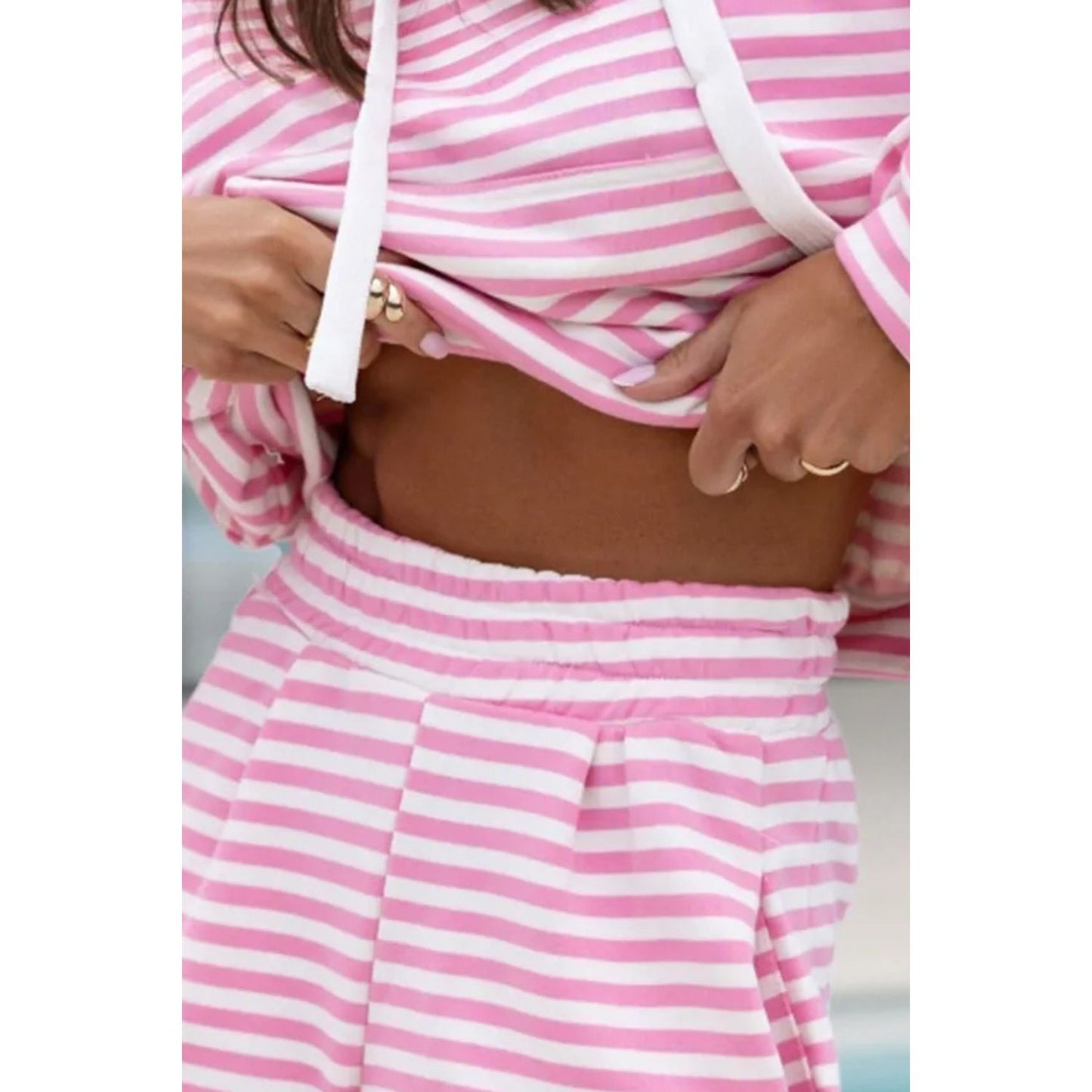 Drawstring Striped Hooded Top and Shorts Set