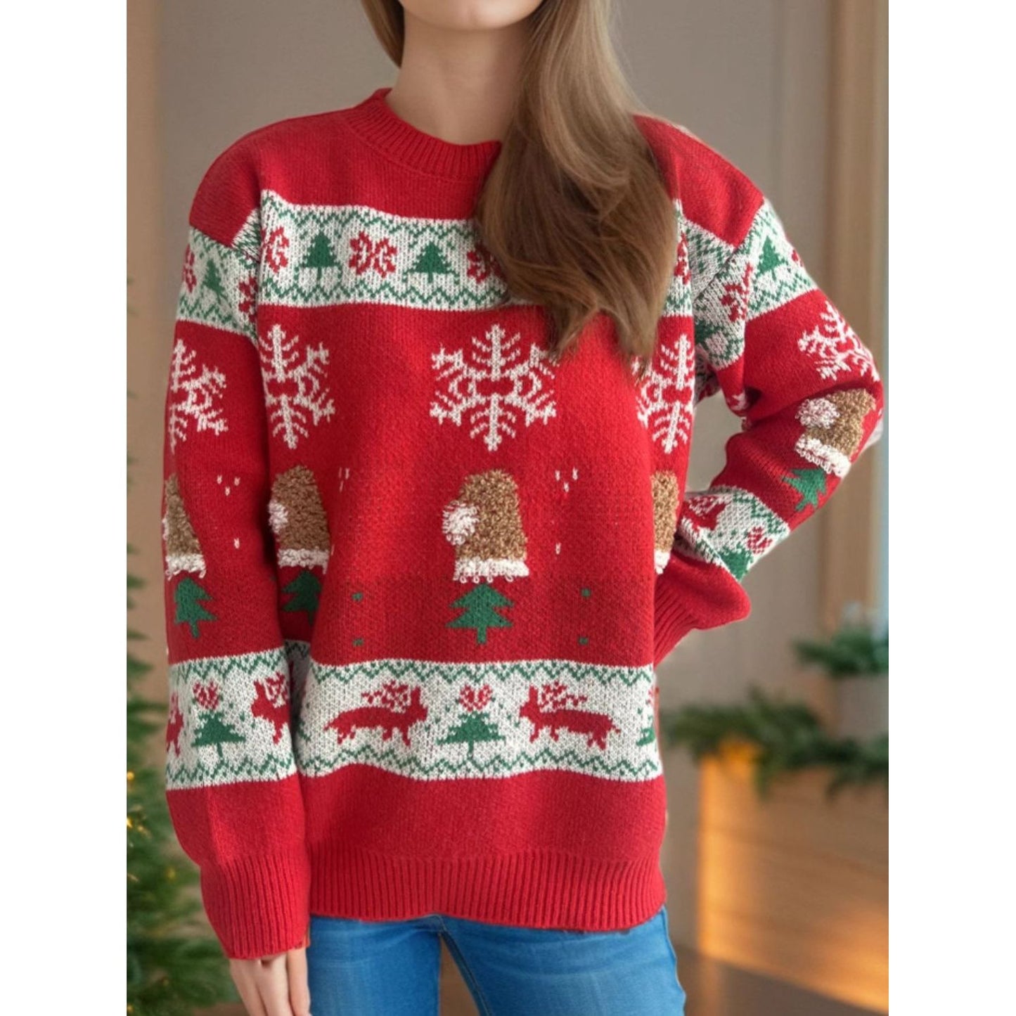 Christmas Element Round Neck Long Sleeve Sweater