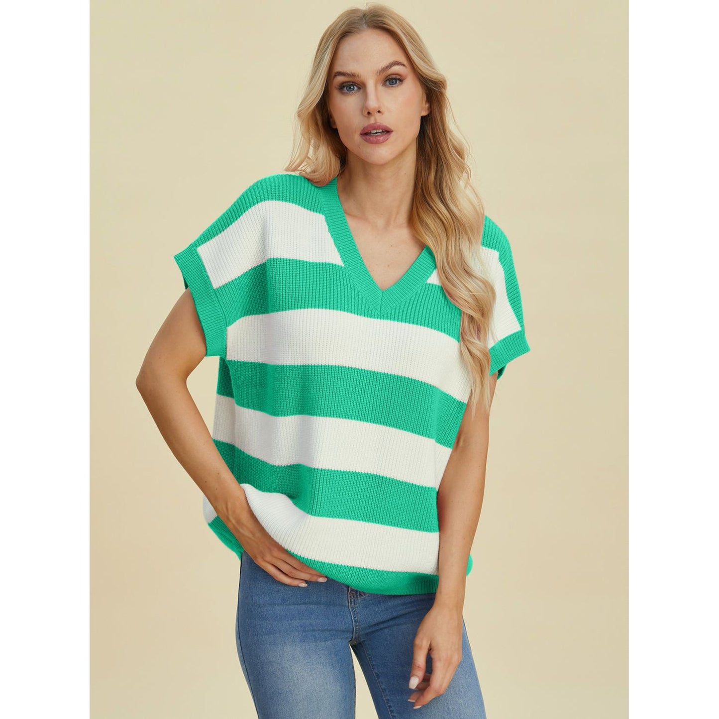 Double Take Full Size Striped V-Neck Short Sleeve Sweater