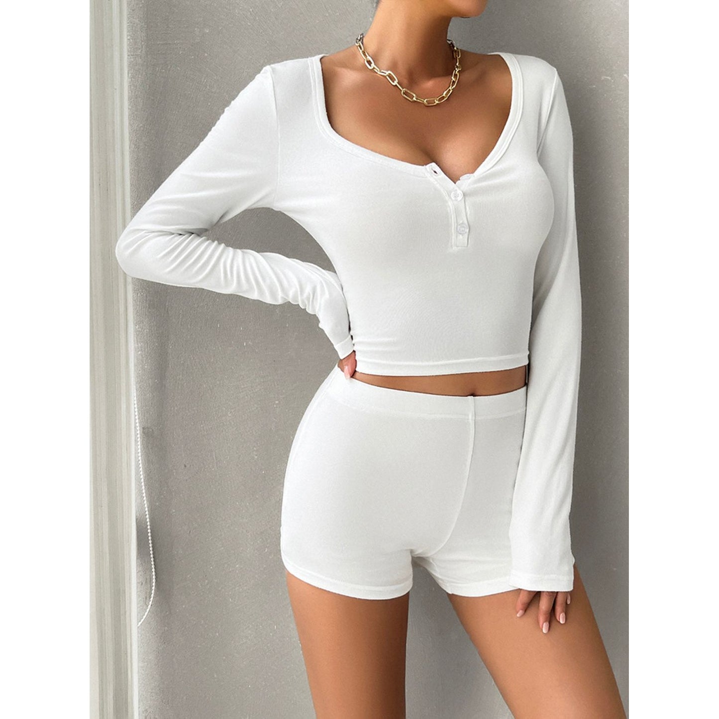 Devine Scoop Neck Long Sleeve Top and Shorts Set