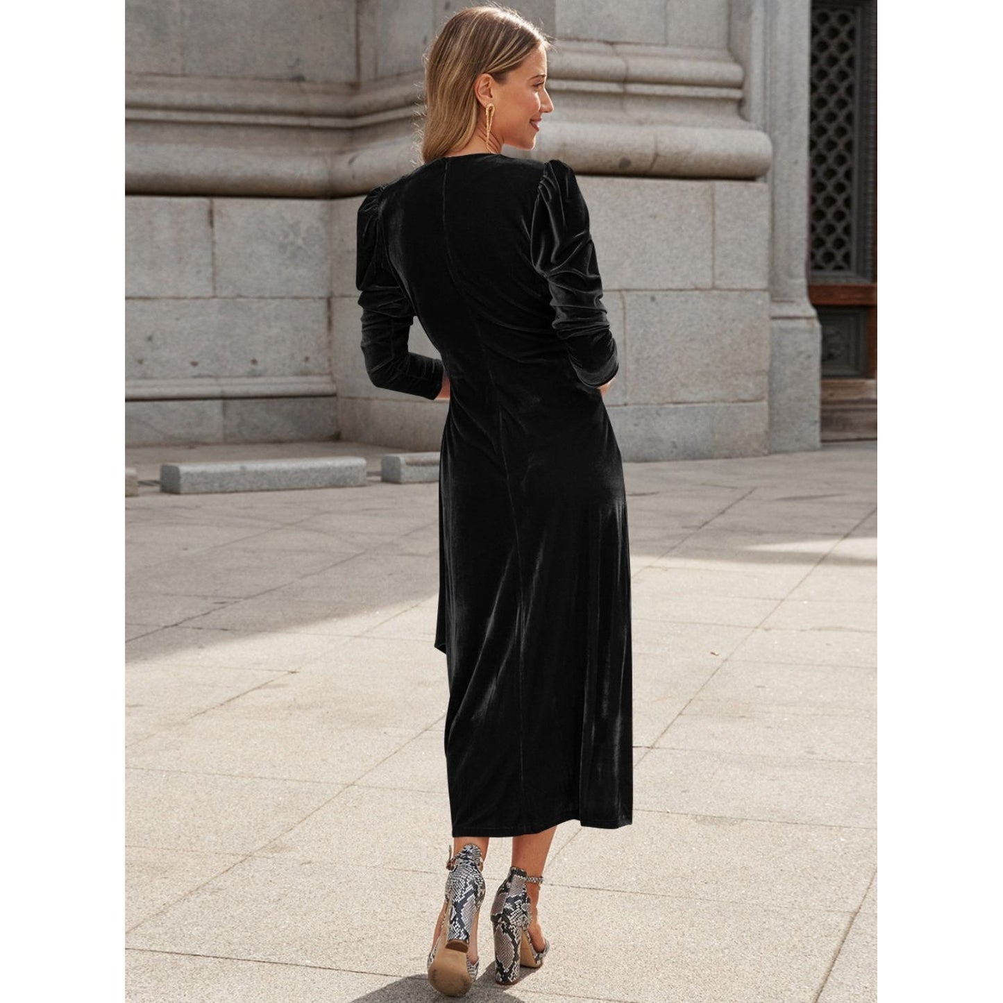 Surplice Puff Sleeve Midi Dress