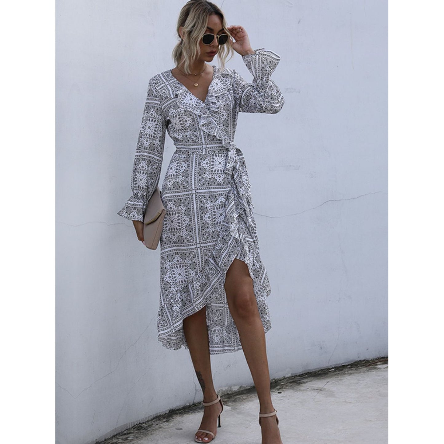 Perfee Ruffled Slit Surplice Long Sleeve Dress