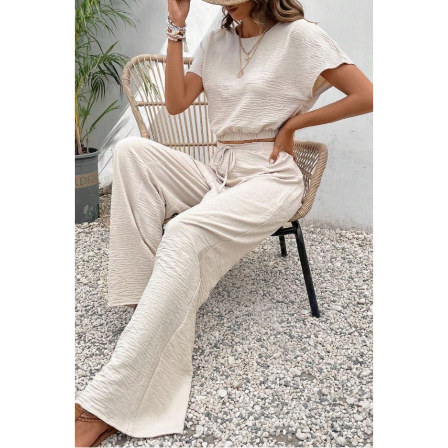 Round Neck Short Sleeve Top and Pants Set