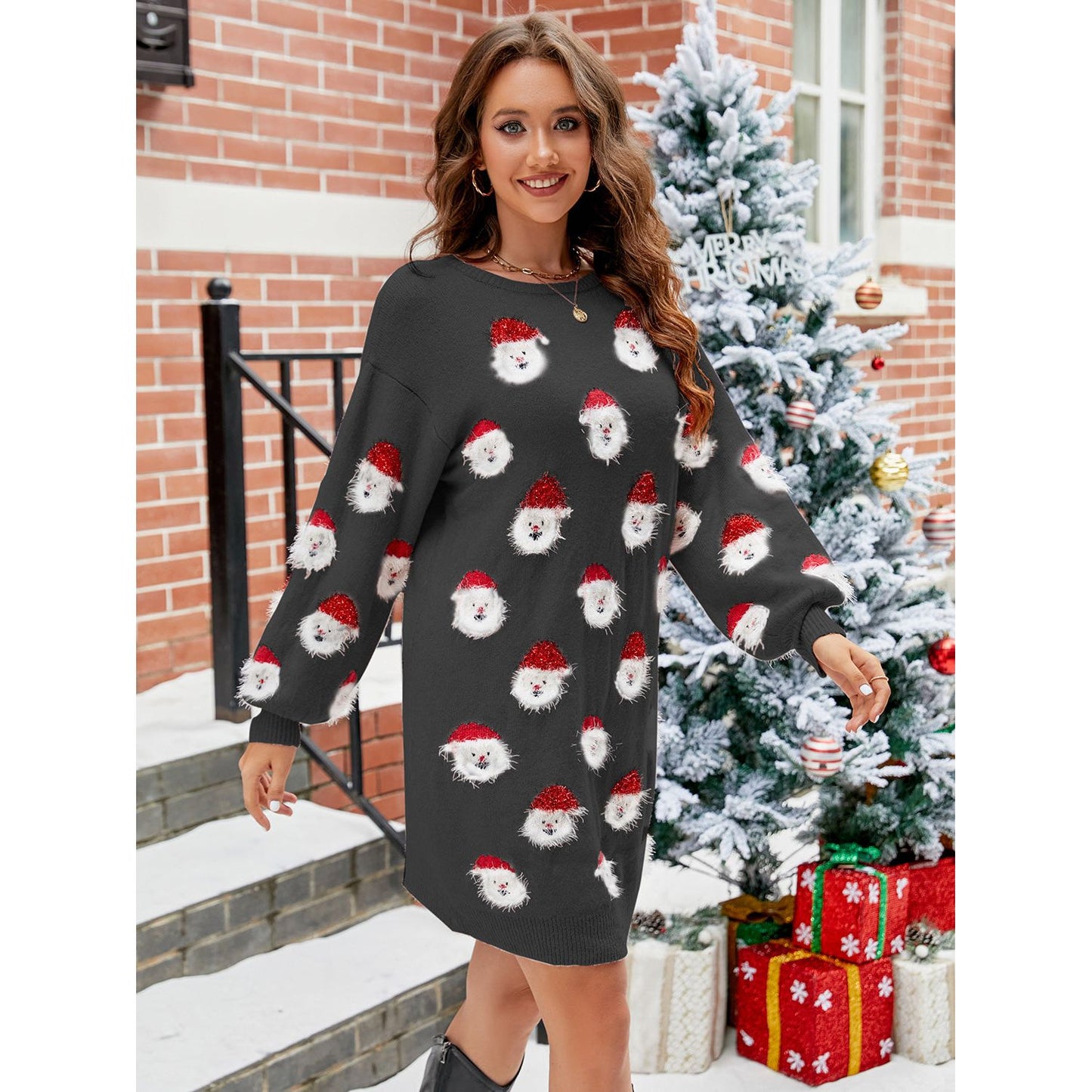 Round Neck Dropped Shoulder Sweater Dress