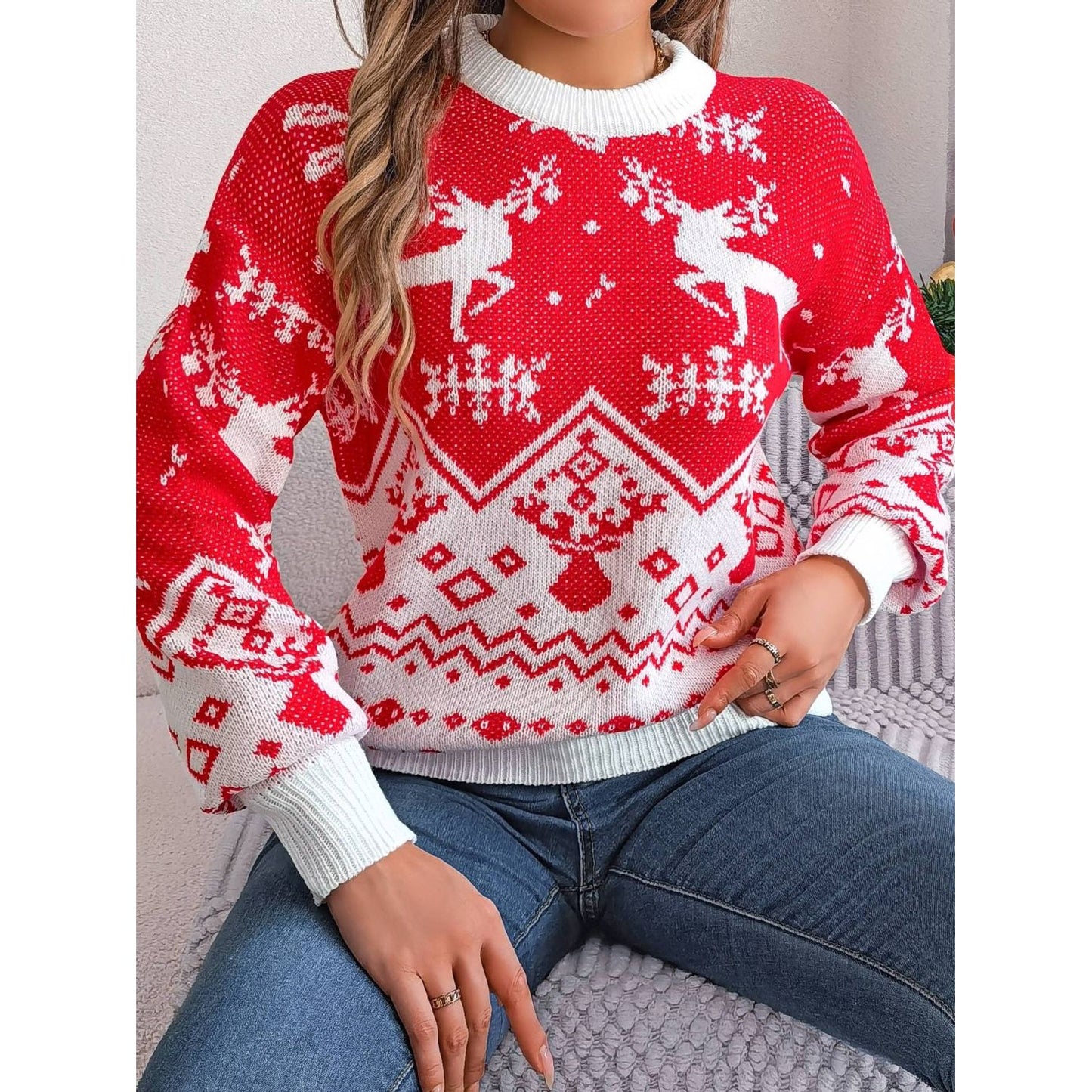 Christmas Element Round Neck Long Sleeve Sweater