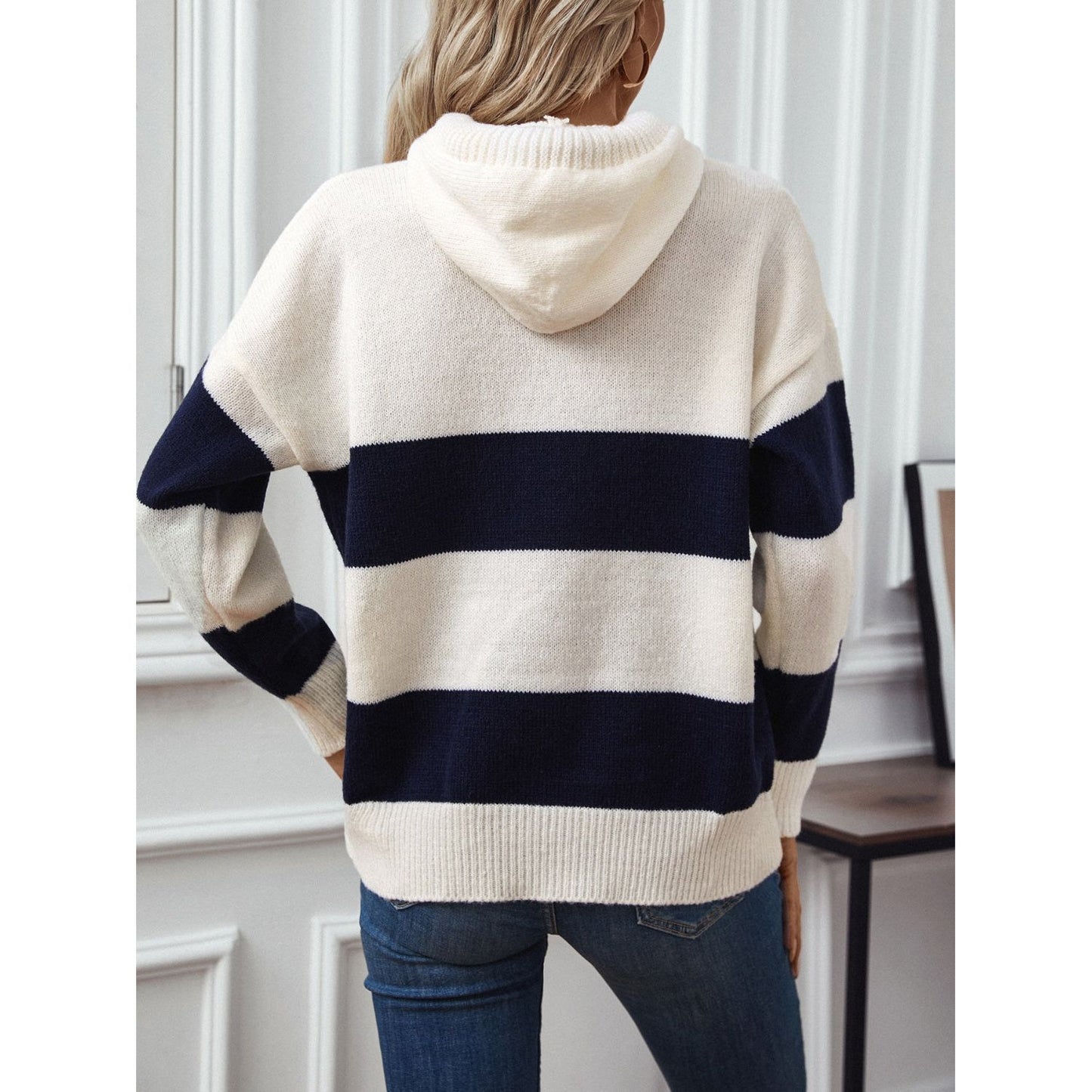 Drawstring Contrast Stripe Dropped Shoulder Hooded Sweater