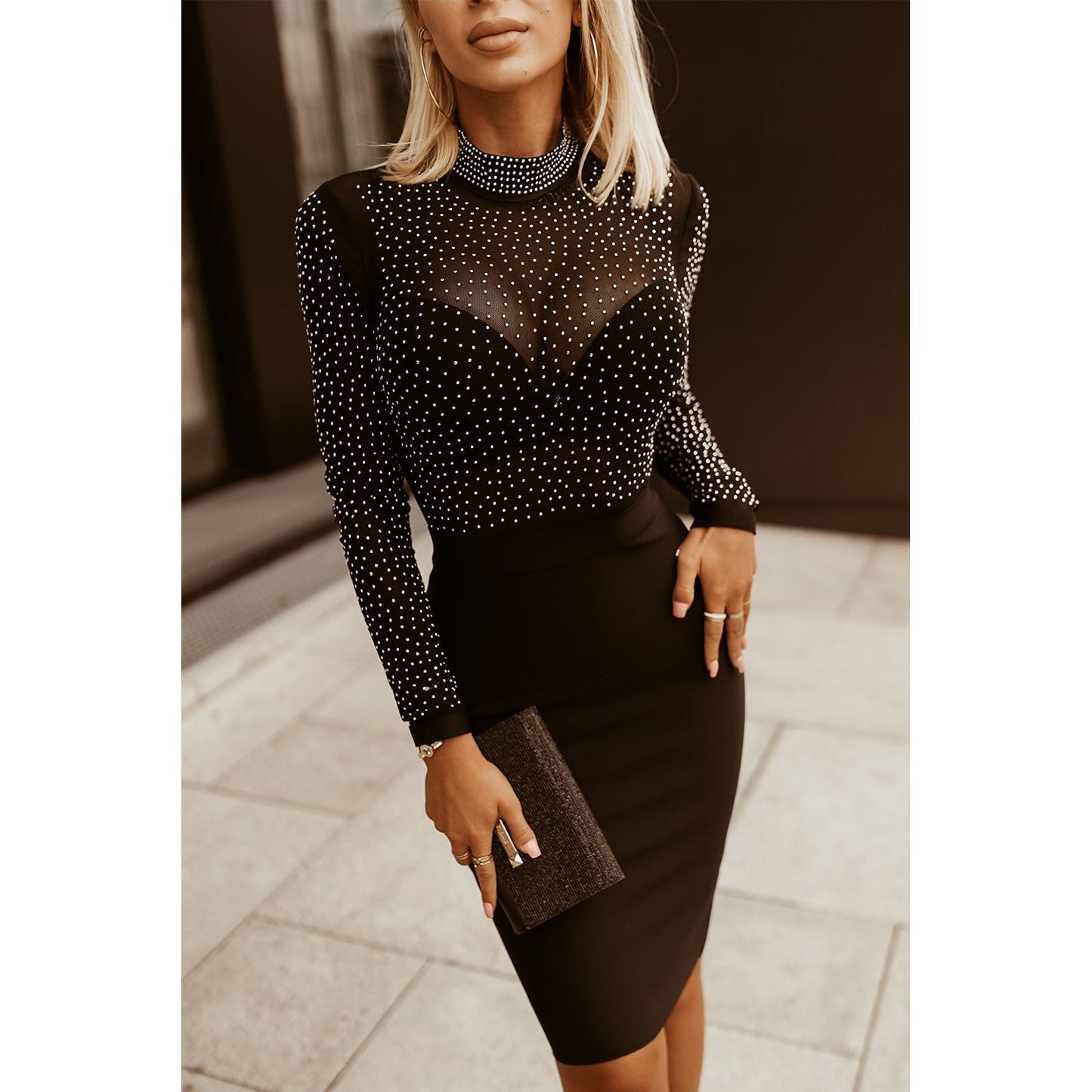 Rhinestone Mock Neck Long Sleeve Dress