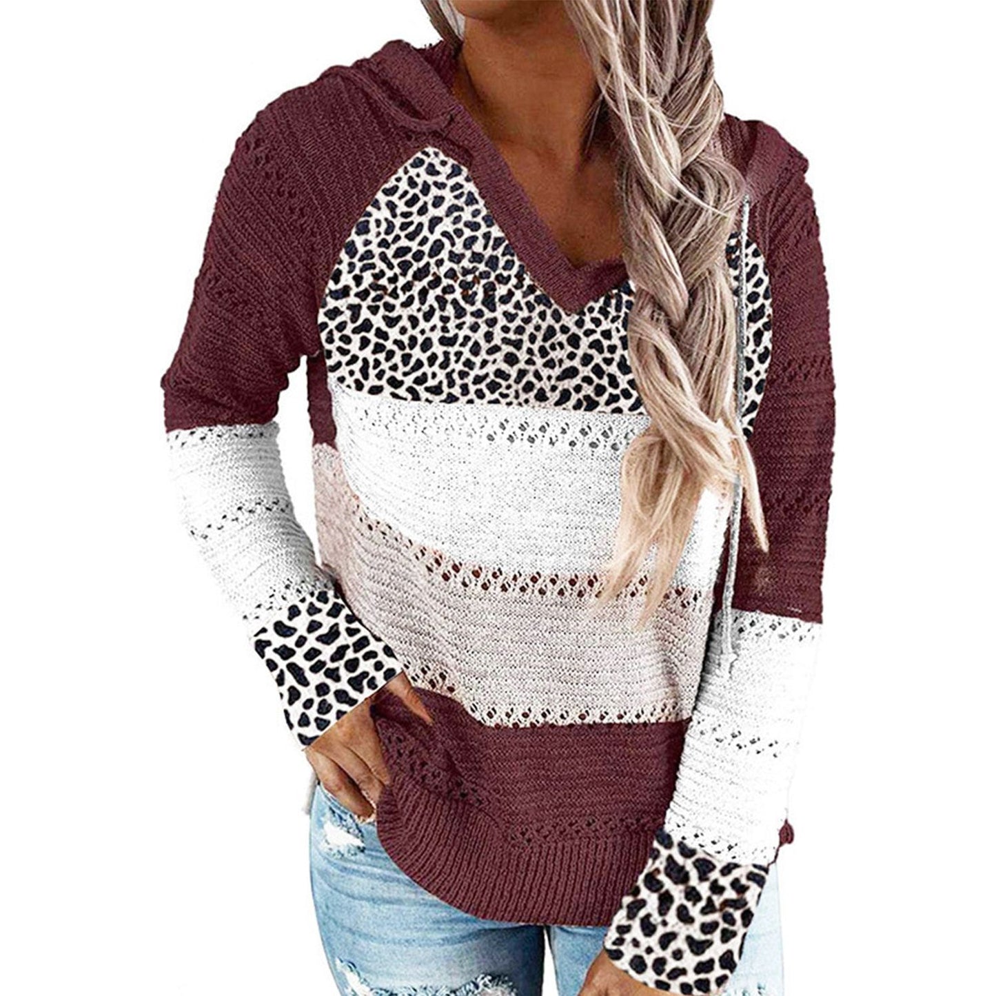 Full Size Openwork Leopard Drawstring Hooded Sweater