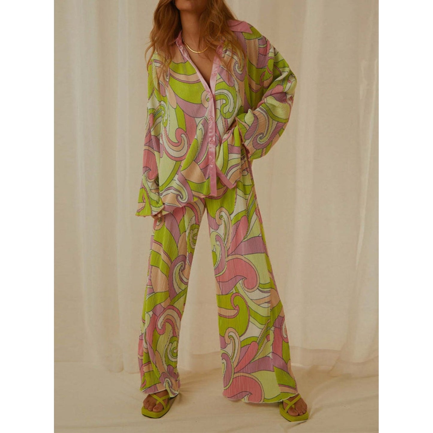 Printed Collared Neck Long Sleeve Top and Pants Lounge Set