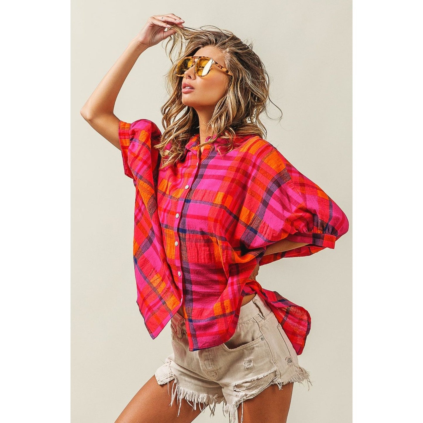 BiBi Button Up Dolman Sleeve Plaid Shirt