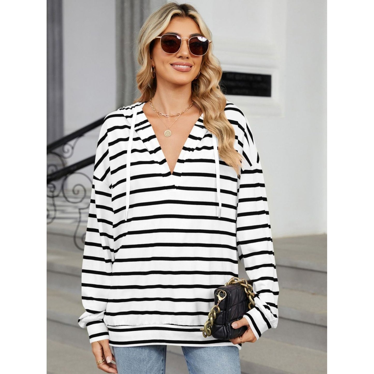 Drawstring Striped Long Sleeve Hoodie