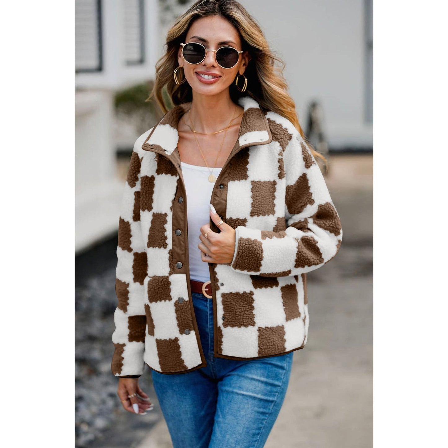 Checkered Snap Down Long Sleeve Teddy Jacket