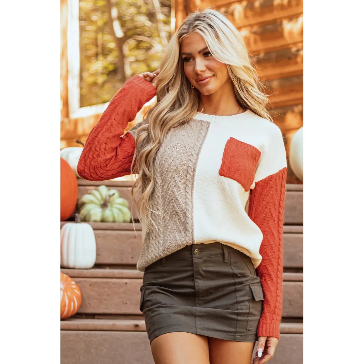 Color Block Round Neck Long Sleeve Sweater