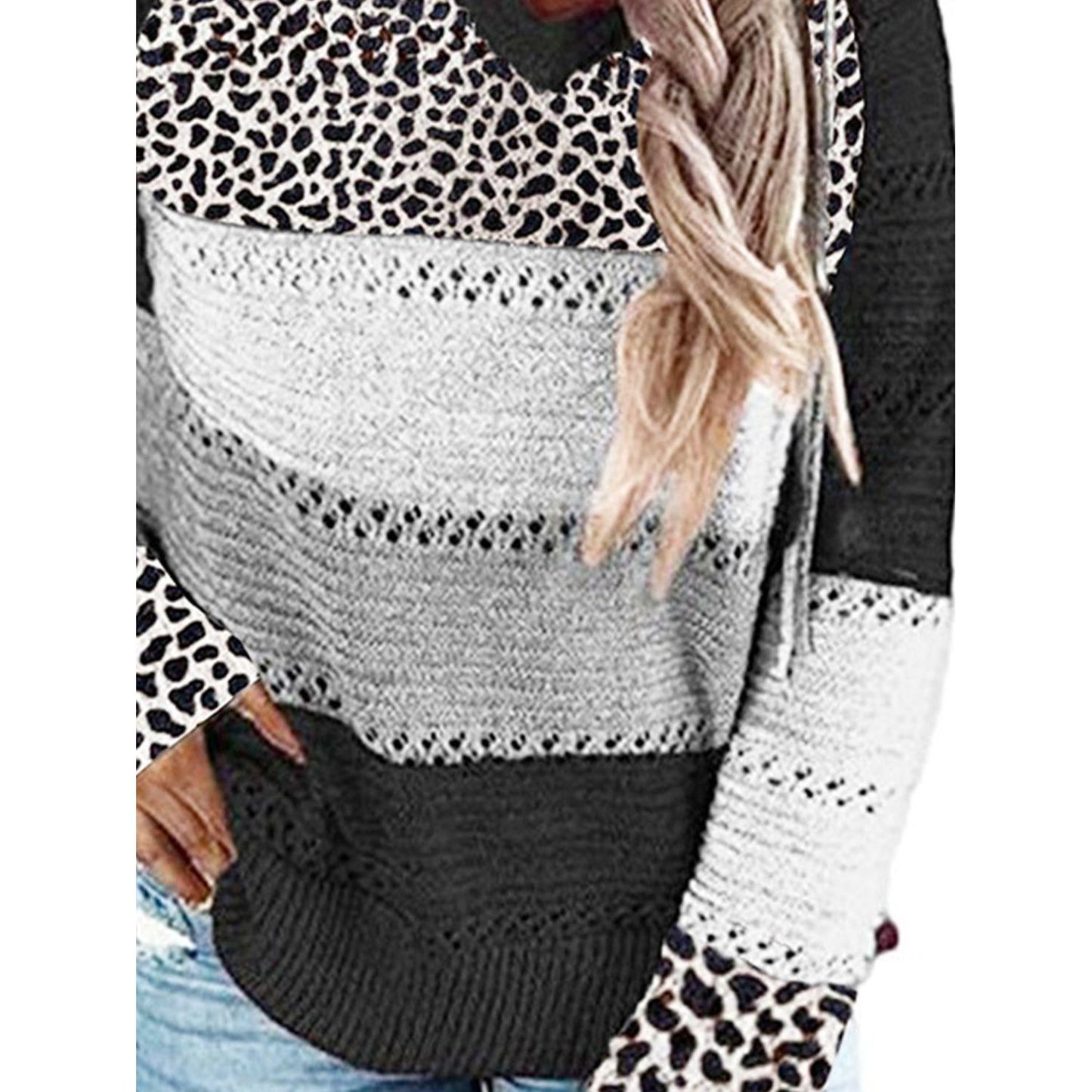 Full Size Openwork Leopard Drawstring Hooded Sweater