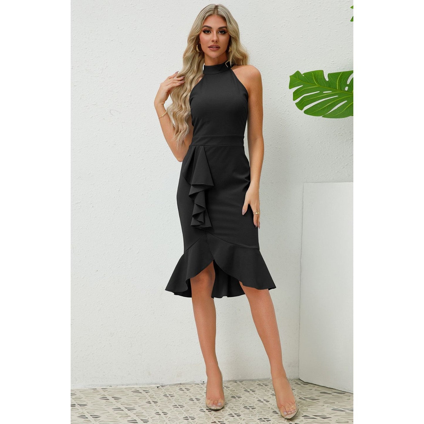 Ruffled Grecian Neck Dress