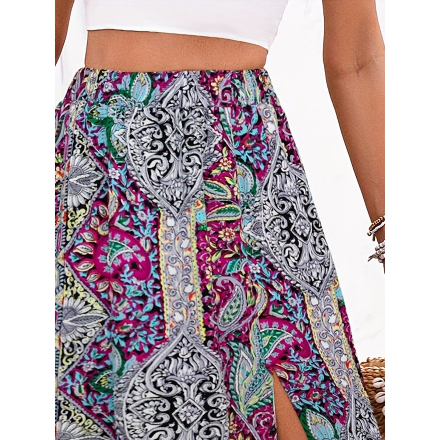 Slit Printed Elastic Waist Skirt