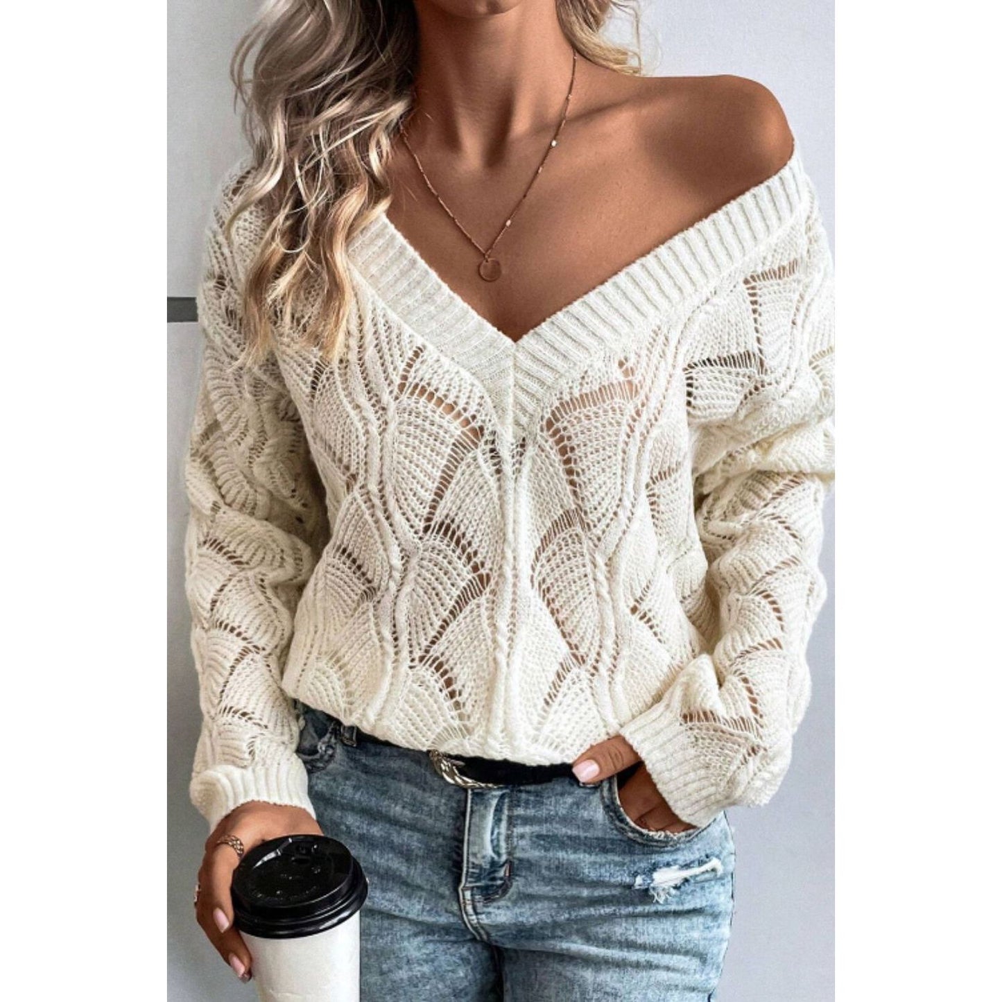 Openwork V-Neck Long Sleeve Sweater