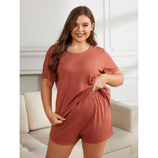 Plus Size Round Neck Short Sleeve Two-Piece Loungewear Set