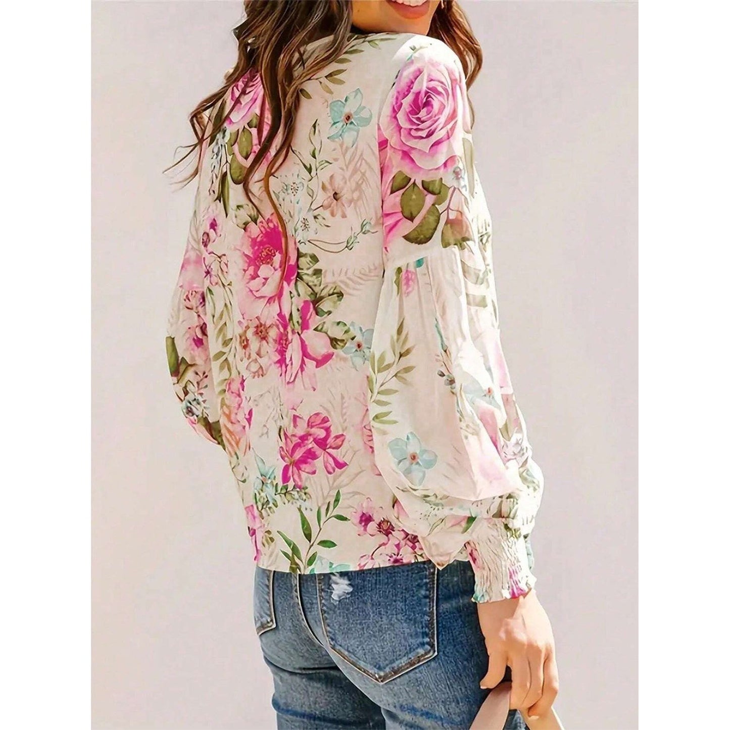 Printed Round Neck Lantern Sleeve Blouse