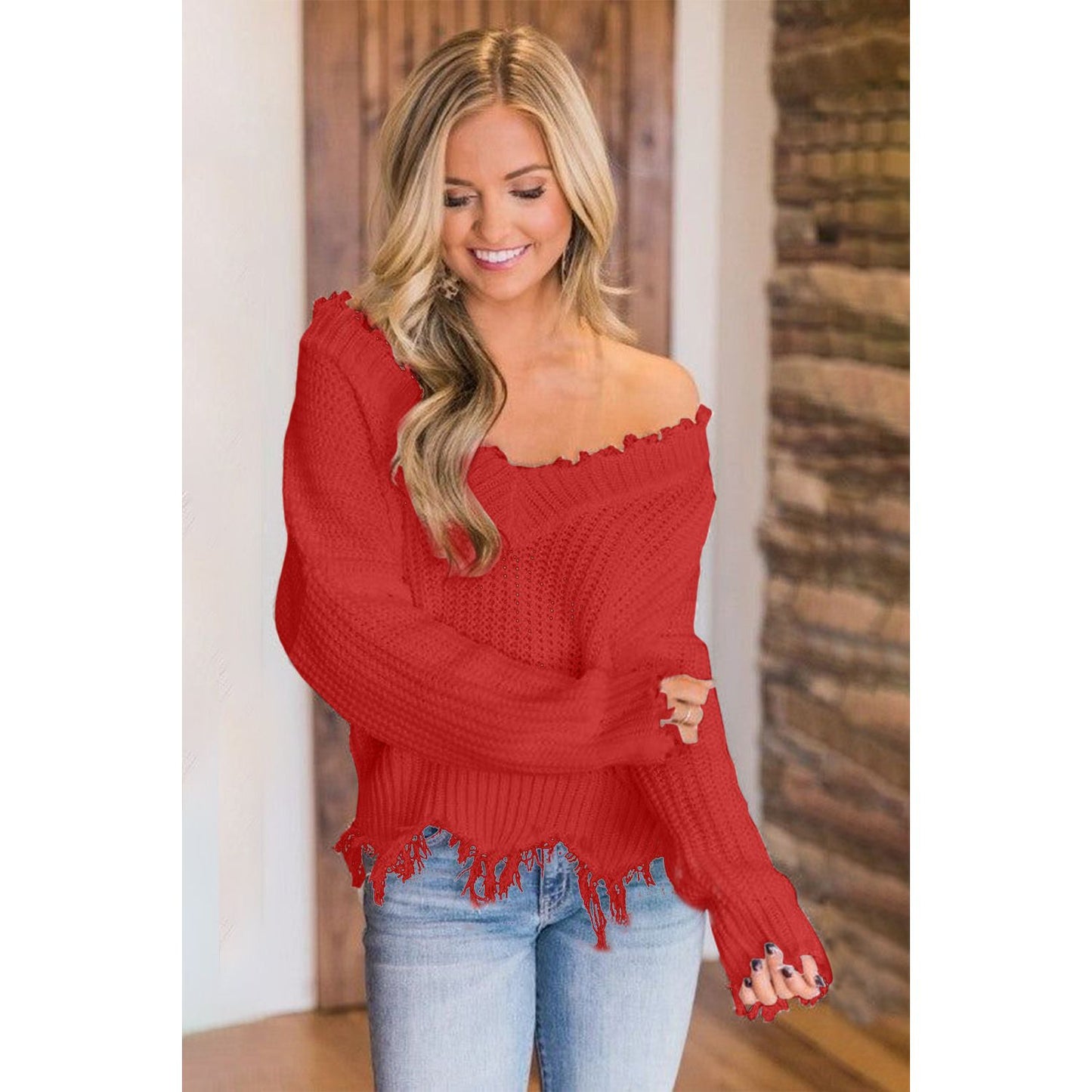 Frayed Hem Dropped Shoulder Sweater