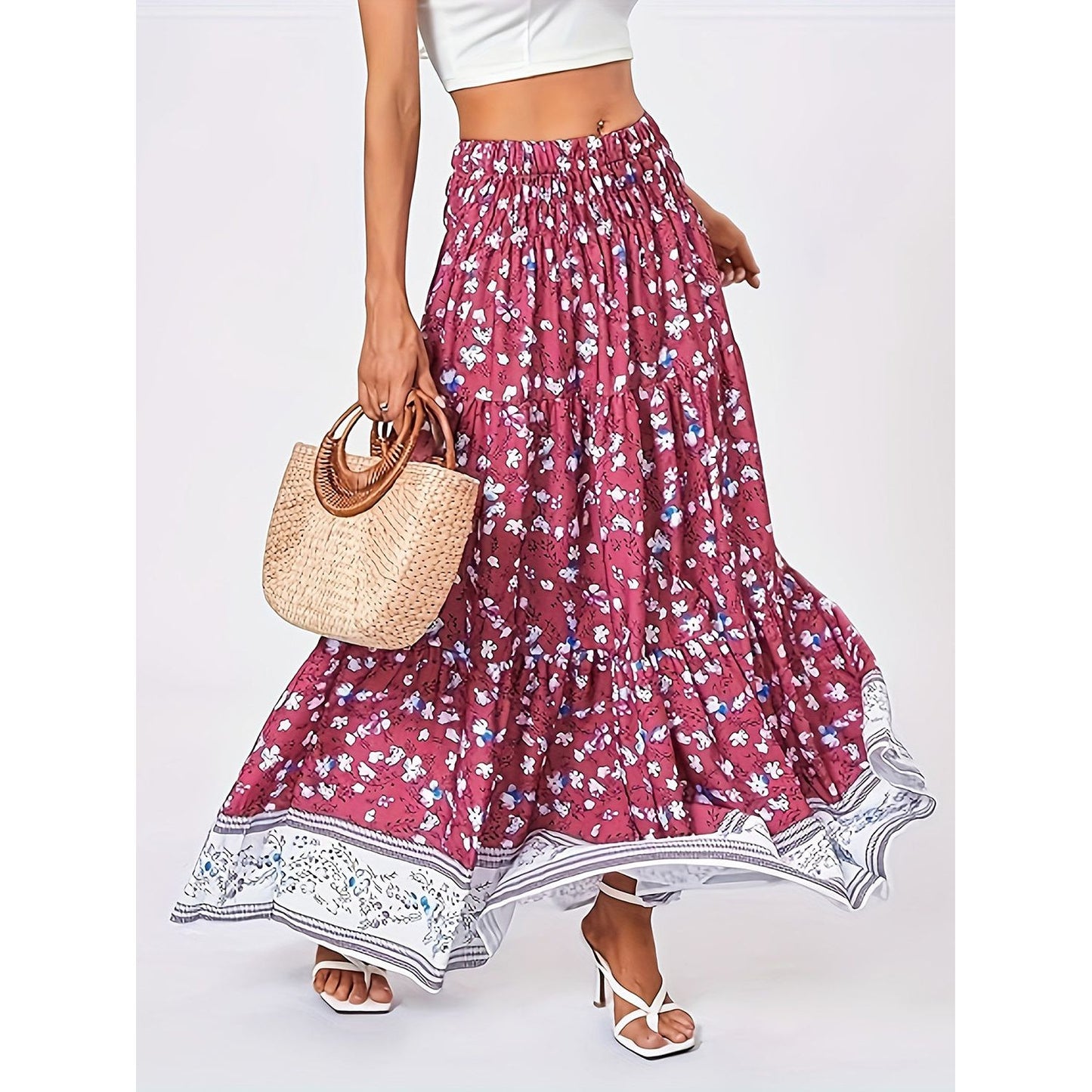 Full Size Tiered Printed Elastic Waist Skirt