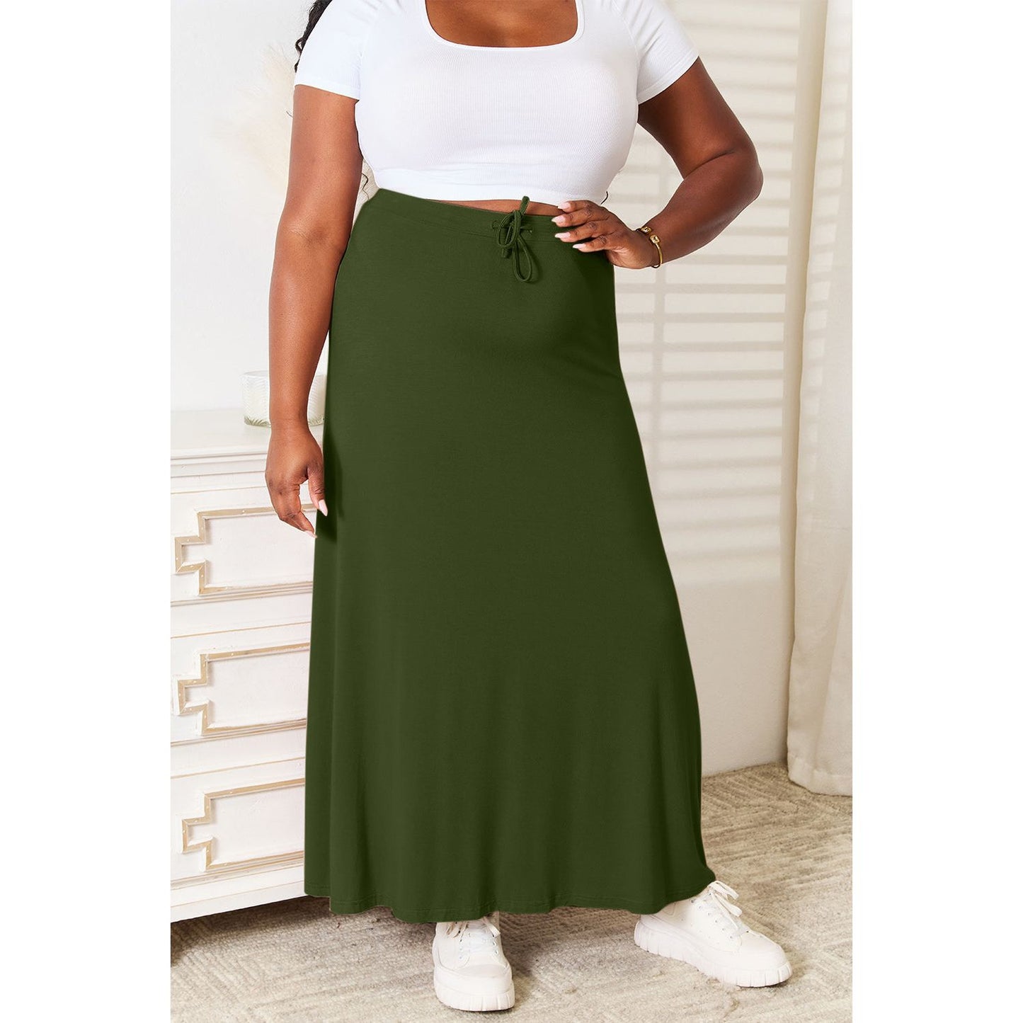 Double Take Full Size Soft Rayon Drawstring Waist Maxi Skirt