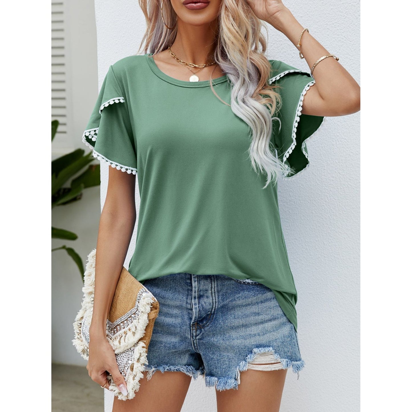 Pom-Pom Trim Flutter Sleeve Round Neck T-Shirt