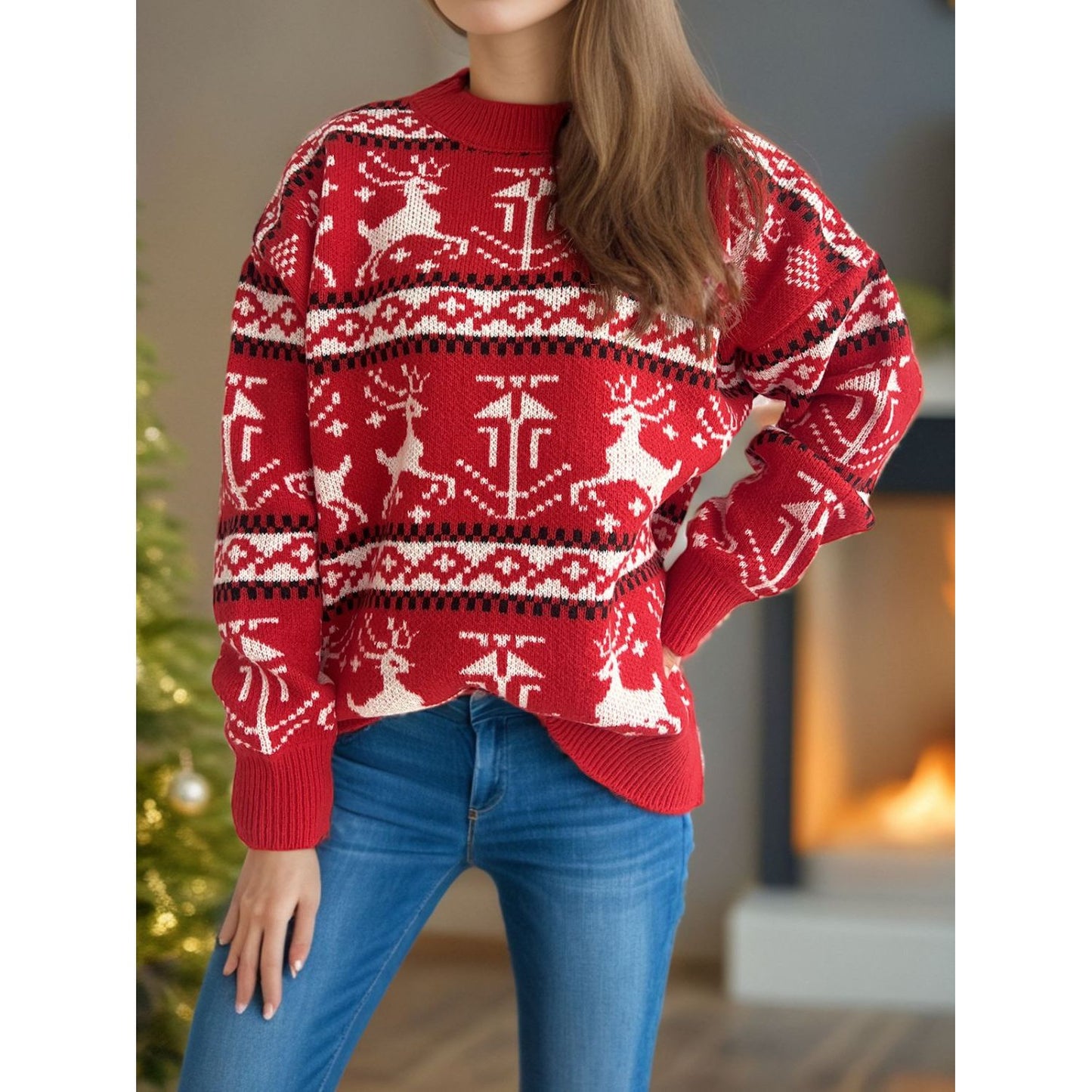 Christmas Element Round Neck Long Sleeve Sweater