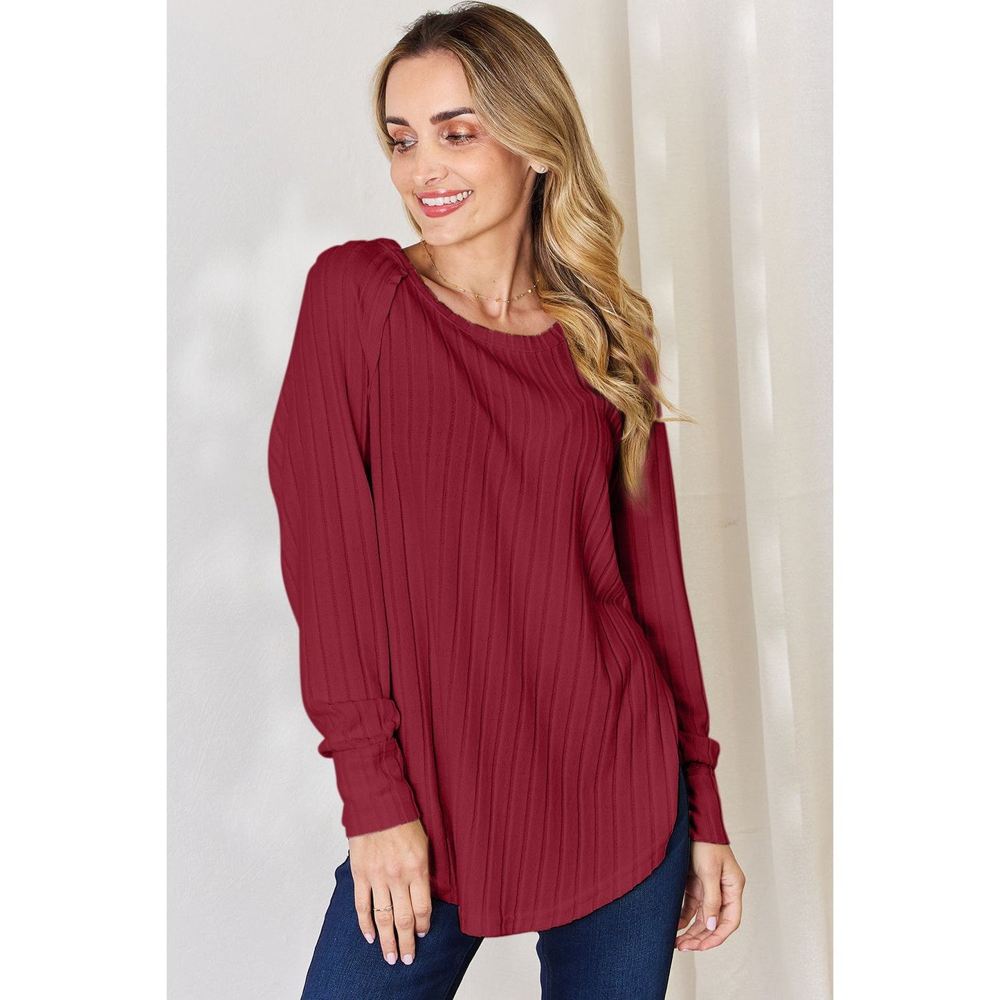 Basic Bae Full Size Ribbed Round Neck Slit T-Shirt