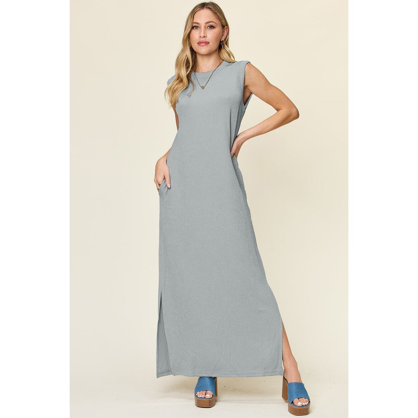 Double Take Full Size Texture Mock Neck Sleeveless Maxi Dress