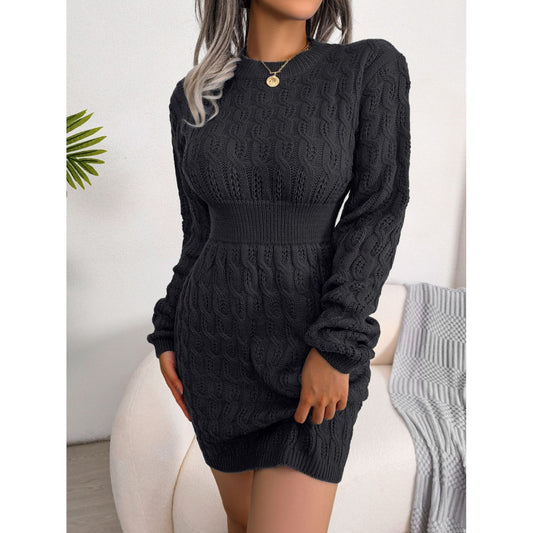 Cable-Knit Round Neck Mini Wrap Sweater Dress